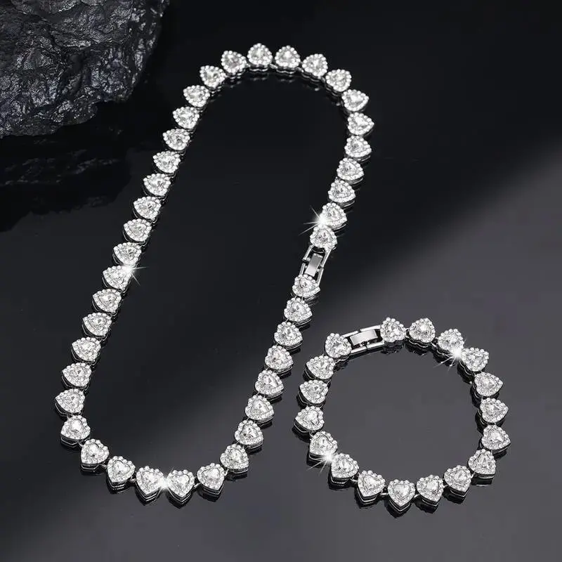 2pcs Heart Shaped Cuban Chain Necklace Set for Hip Hop Style Choker Set,Luxurious Jewelry Set for Valentine's Day Gifts, Birthday,Everyday & Party Wear, for Men Women Teenager#SummerWins#tiktokshopbacktoschool