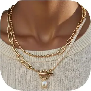 Gold Layered Pearl Chain Necklace for Women, 14K Gold Plated Pearl Link Toggle Clasp Necklace, Dainty Trendy Layered Choker Chunky Jewelry Fashion Gift for Women