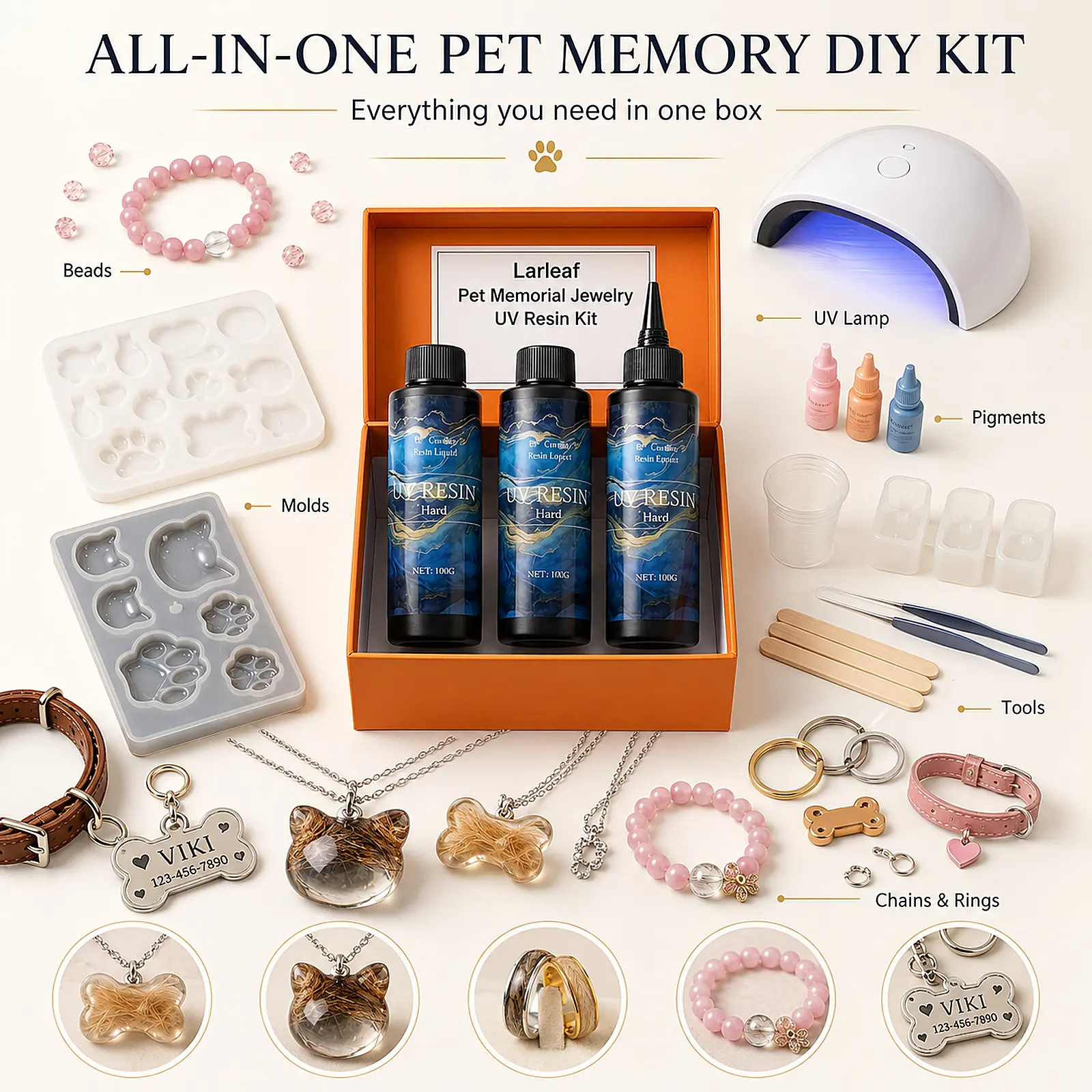 Larleaf UV Resin DIY Kit for Pet Memorial Jewelry, DIY Pet Hair Keepsake Necklace, Ring, Bracelet & Pet Tag Making Set with UV Glue, Lamp, Molds, Beads, Pigments & Tools for Pet Lovers