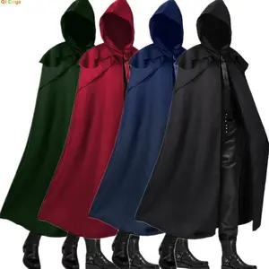 Men’s Medieval Retro Cosplay Hooded Cape Gothic Long Cloak Jacket — available menswear clothing; bestie costume; casual and stylish; colors: black, red, green, blue