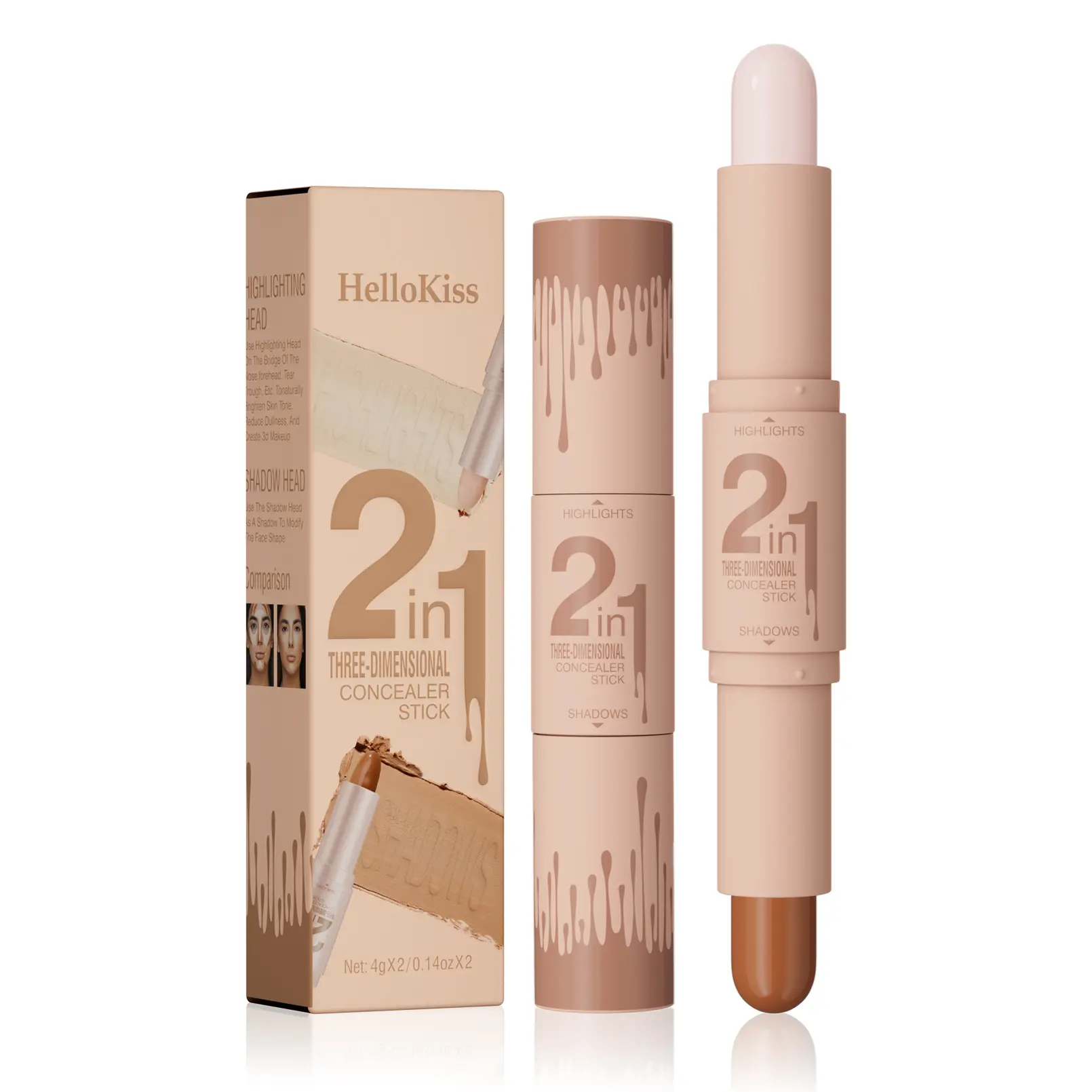 Double-Ended Highlighter Stick, Liquid Waterproof Foundation for Face Makeup, Contouring & Concealer Pencil, Easy-To-Apply Cosmetics, Glowy Highlighter