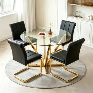 45.27" Round Glass Dining Table for 4-6, Modern Golden Tempered Glass Top Table with Metal Legs & Adjustable Feet, 320 lbs Weight Capacity, Easy Assembly for Dining Room Apartment