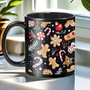 1pc Christmas Gingerbread Men Ceramic Mug 11oz Holiday Cup with Pine Branches Black Background for Hot Cold Drinks Office Camping Parties Gift Coffee Drinkware Classic Sturdy Reusable Washable Tumbler Mens Gifts