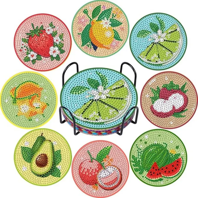 8 Piece Diamond Painted Coaster Set with Fruit Patterns and Stand, DIY Craft Kit for Beginners, Great Gift for Home Decoration