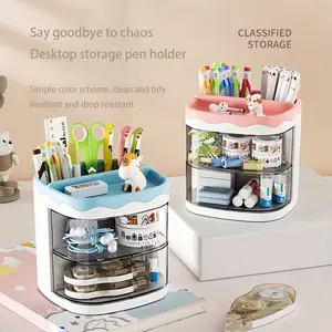 3-Layer Transparent Rotating Desktop Storage Box with Pen Holder, Cute Cat Decor, Dustproof Smooth Pull Design, Office Supplies Organizer, Office Desk Accessories, Stationary Organizer Holder