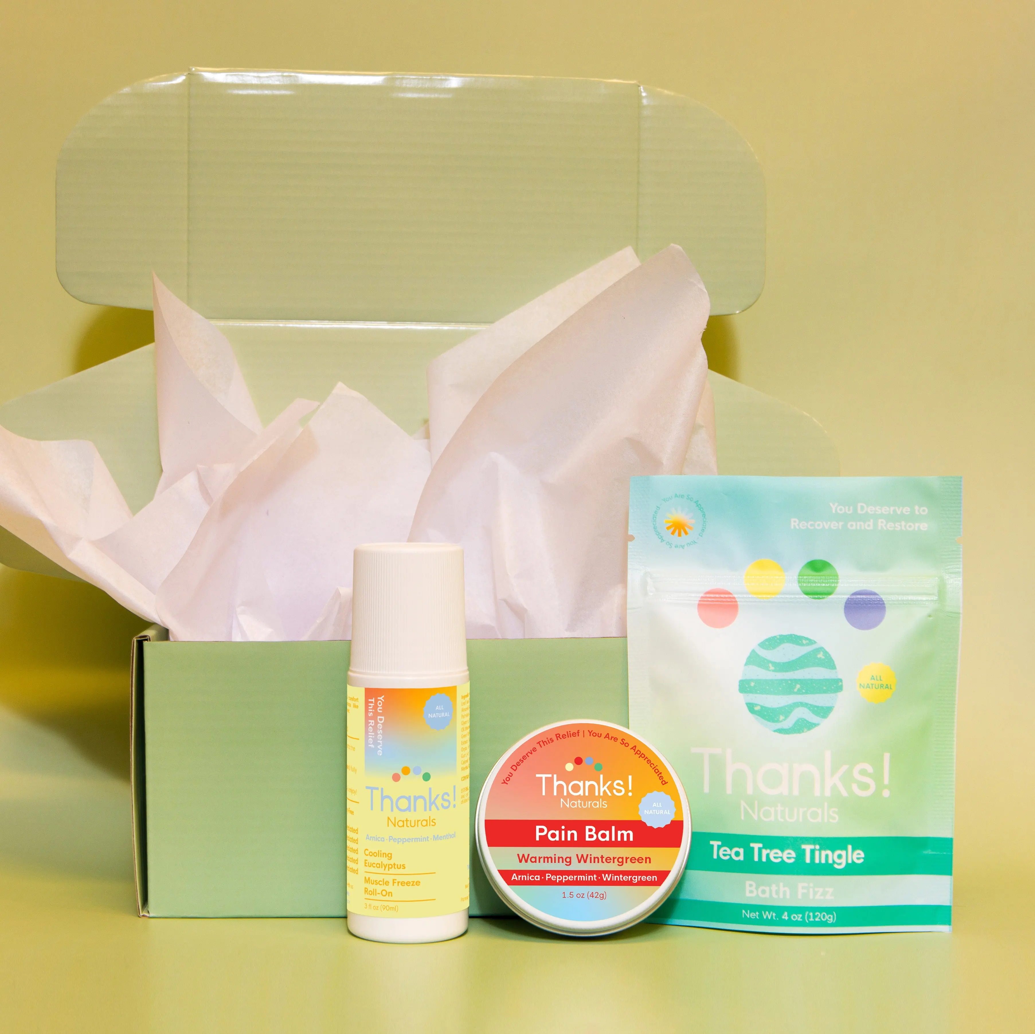 Thanks! Naturals Bye Bye Pain Relief Health & Therapy Multi-Pack - Prop 65 Safe, Botanical-Rich Soothing Balm/Roll-On/Bath Fizz for Adults, After Long Days Lingering Discomfort (Warming Wintergreen, Tea Tree Tingle, Cooling Eucalyptus On-The-Go)