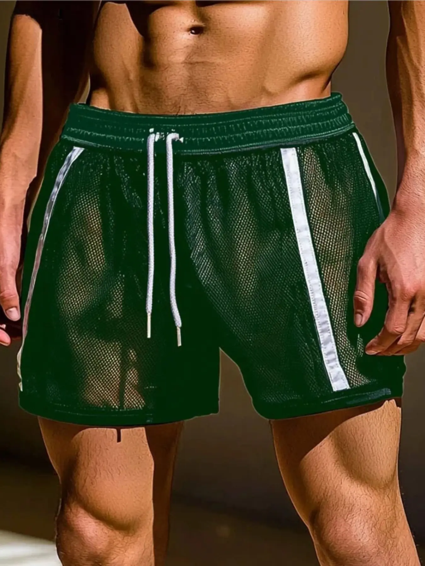 Slim Fit European & American Men's Mesh Breathable Sexy Transparent Shorts, Beach Casual Pants, Trendy Summer Fashion for Men, Beachwear