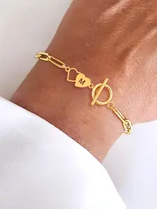 Women's Plated Stainless Steel Chain Bracelet Toggle Clasps Double Heart Pendant Design, Casual Style Letter Pattern Jewelry Accessory, All-Season Wearable