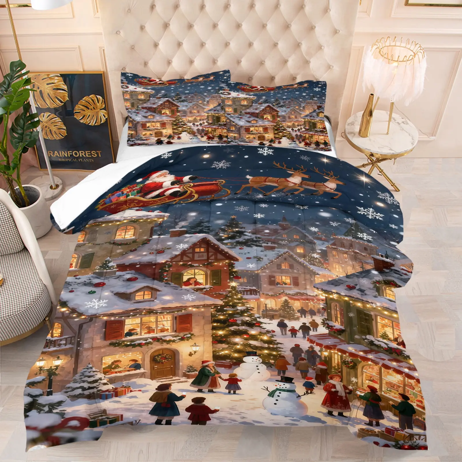 Santa Claus and Reindeer Drawing Pattern Blanket Set, Including 1 Blanket and 1 or 2 Pillowcases Without A Core, Suitable for Home or Dormitory Decoration, Very Suitable for Christmas Holiday Gifts