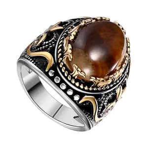 OIDEA Men's Large Oval Tiger Eye Signet Ring - Vintage Ring with Metal Coating, Biker Statement Wedding Band, Gold Costume Jewelry Gift for Cocktail Parties, Vintage Rings