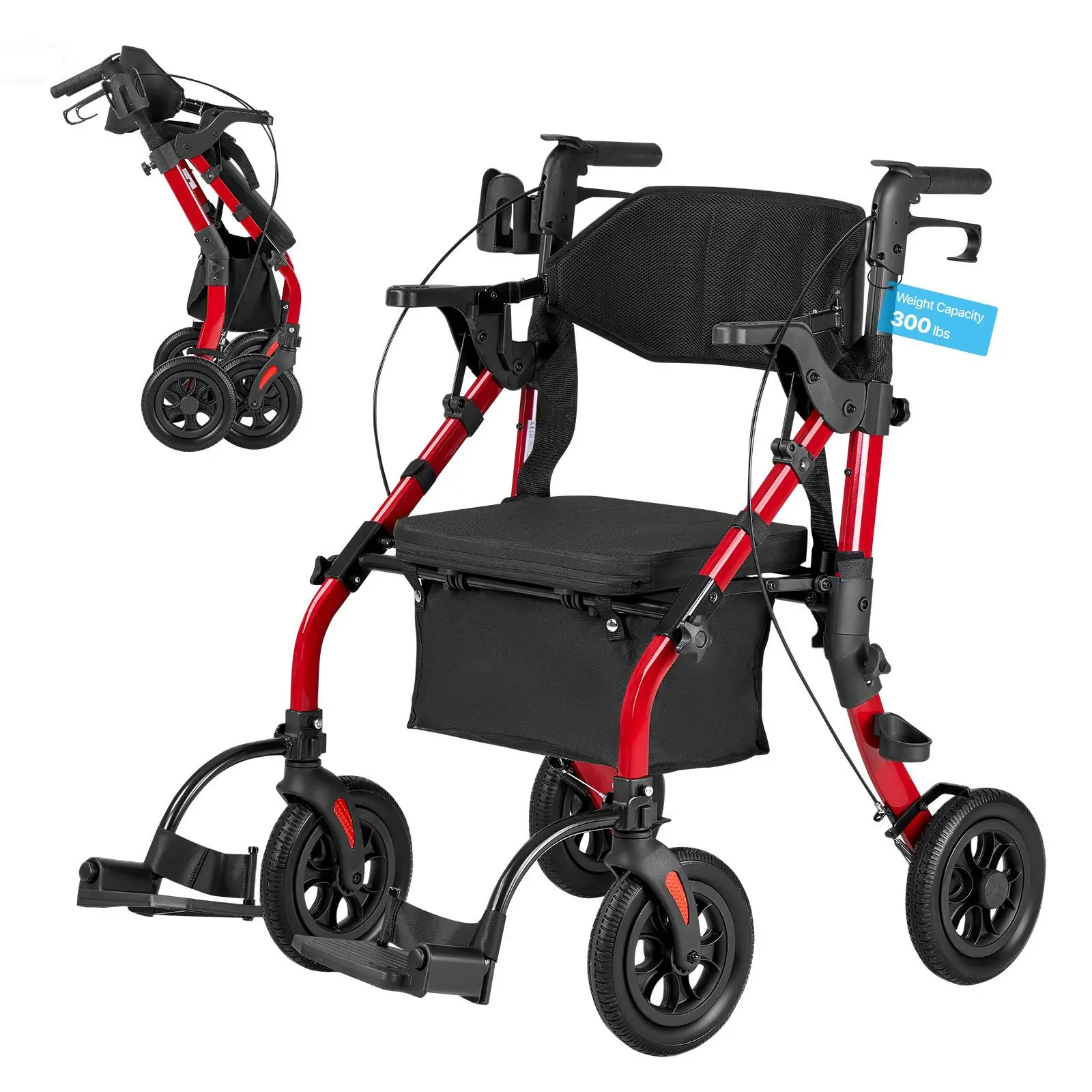 VEVOR 2-in-1 Rollator Walker & Transport Chair for Seniors, Foldable Rolling Walker Wheelchair, Lightweight Aluminum Mobility Walking Aid with Solid PU Wheels, Cup & Cane Holder - Supports 300LBS