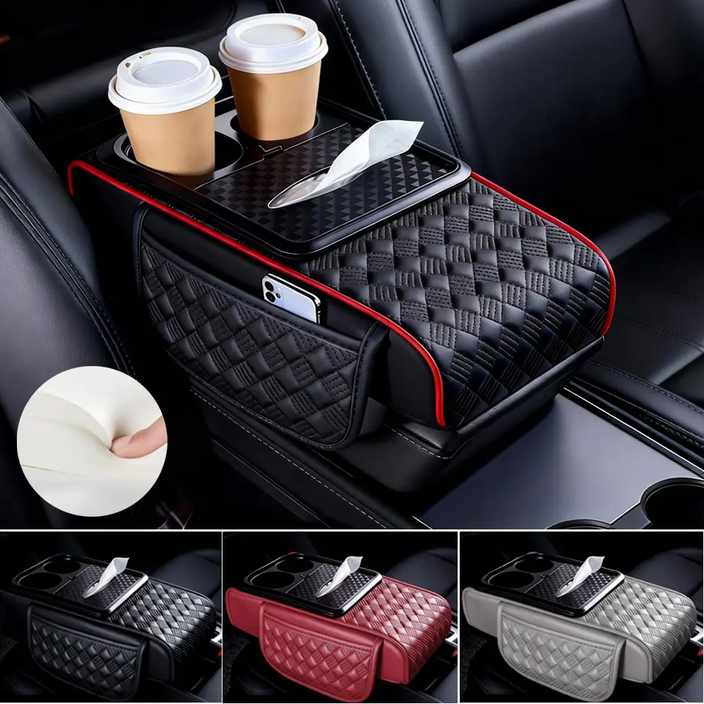 [Weekly Deals] 2026 Upgrade Multifunctional Car Armrest Pad,Leather Diamond Car Armrest Box Pad, Car Center Console Cover with Car Cup Storage Organizer & Tissue Box, Car Interior Accessories for Cars/SUV/Truck- Black Car Seat Decorative