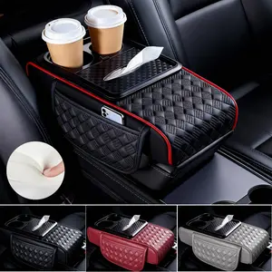 [Weekly Deals] 2026 Upgrade Multifunctional Car Armrest Pad,Leather Diamond Car Armrest Box Pad, Car Center Console Cover with Car Cup Storage Organizer & Tissue Box, Car Interior Accessories for Cars/SUV/Truck- Black