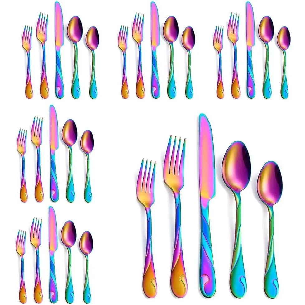 Rainbow Silverware Set for 6, 30-Piece Stainless Steel Flatware Set, Shiny Rainbow Metal Cutlery Set, Include Fork,  and Spoon Set, Dishwasher Safe