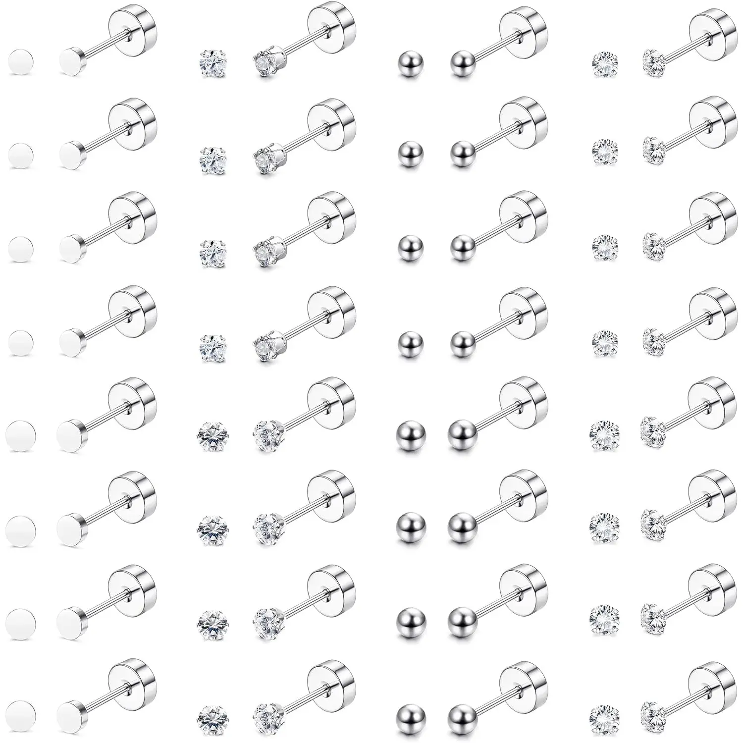 Milacolato Unisex 16-Pair Tiny Surgical Steel Flat Back Cartilage Earrings, Hypoallergenic 2mm/3mm Cubic Zirconia Ball Studs for Tragus, Helix, Daith Piercings