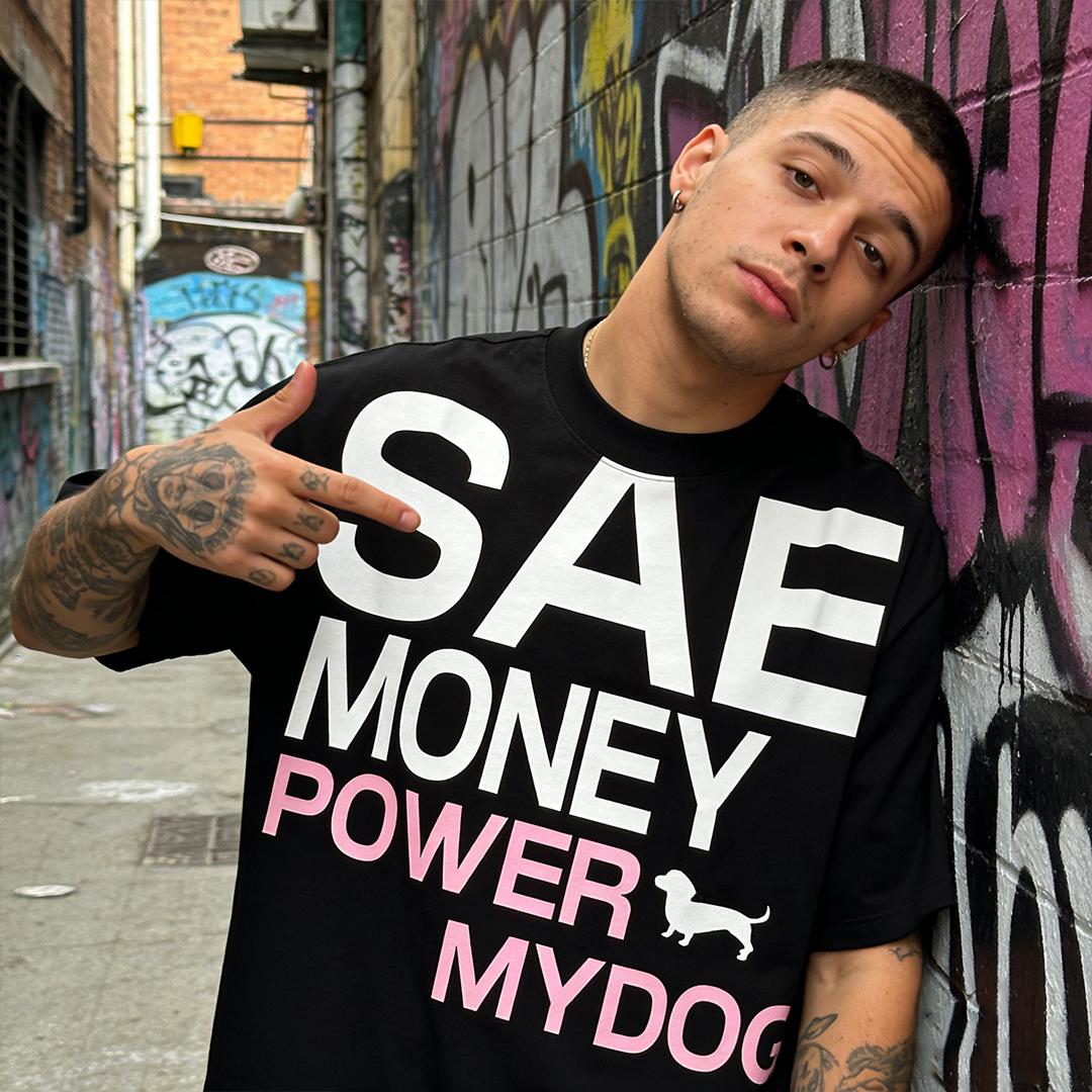 Men's "SAE MONEY POWER MY DOG" Funny Dog Print T-Shirt, 100% Cotton Oversized Streetwear
