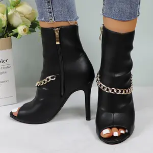 Women's Peep Toe Ankle Booties with Chain Decor 4-inch Stiletto High Heel PU Leather Fashion Comfortable Short Boots Heeled Ballroom Dance Footwear Casual Dress Shoes with Side Zipper for Party Wedding Evening Daily Wear