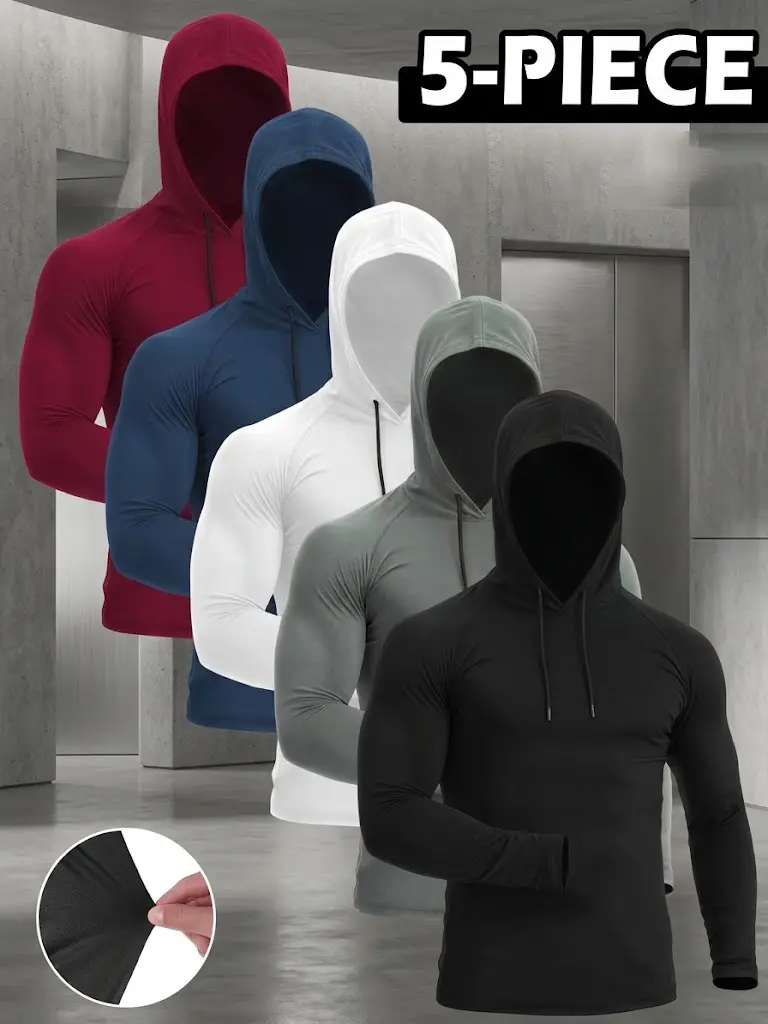 Men's 5-Pack Plain Polyester Hooded Athletic Shirts - Long Sleeve, Moisture Wicking, Breathable, Thin Pullover Gym Activewear with Built-in Mask