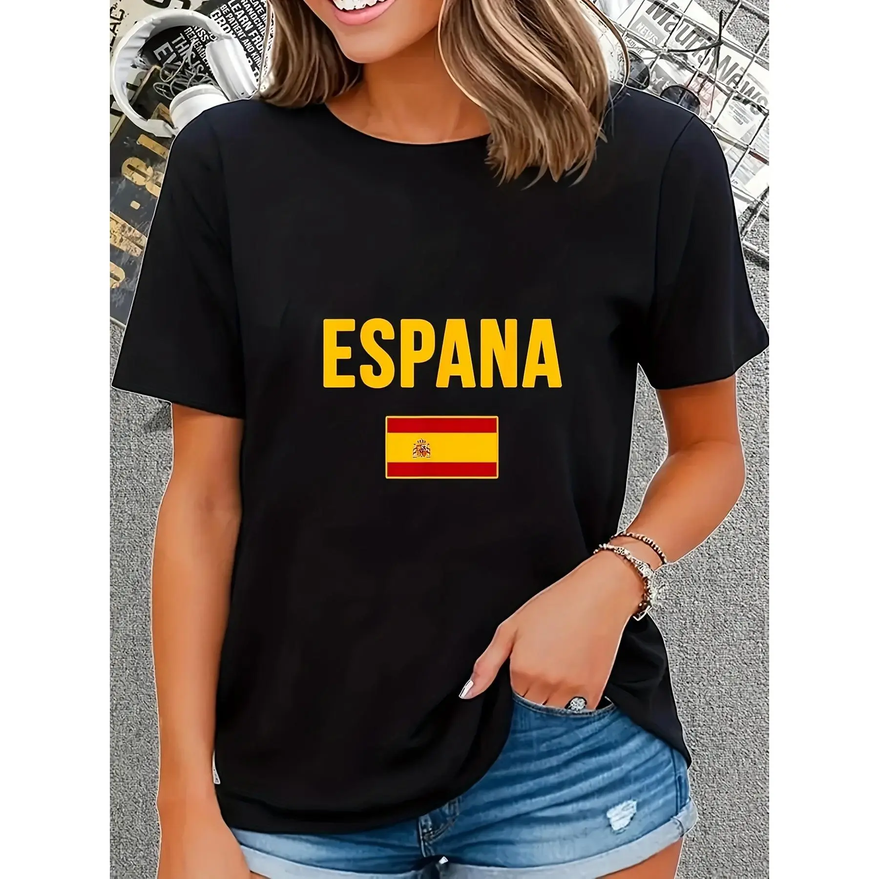 Women's Spain Graphic Print Short-Sleeve T-Shirt - 180g Black Cotton Round Neck Top, Draped Medium Stretch Casual Urban Streetwear with Spanish Flag, Ideal for Parties, Sporting Events, Shortsleeve, Lady, Loose, Tshirt, Digital Print, Loose-Fit, Draped Cu