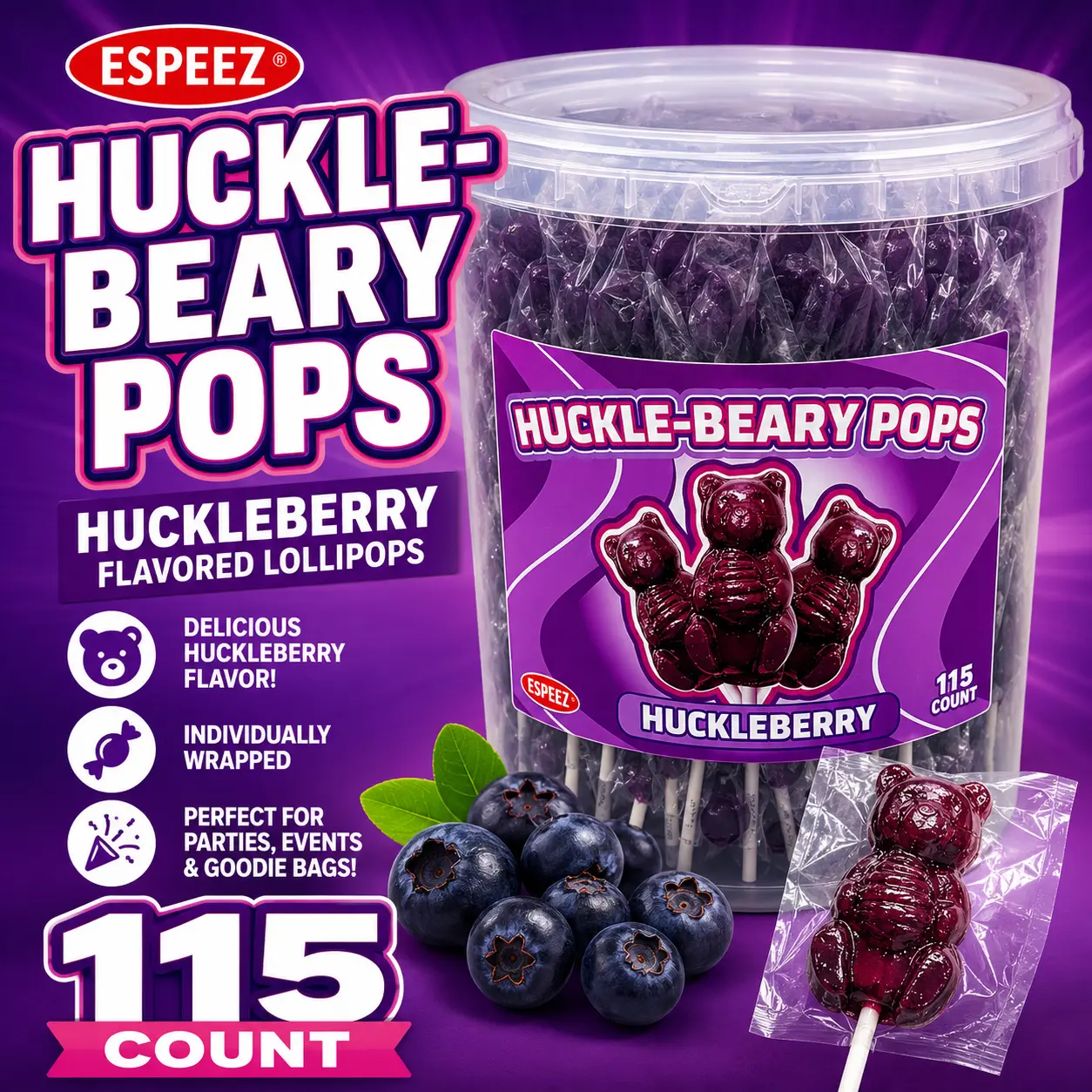 Espeez Huckleberry Bear Pops 115 Count Tub  Huckleberry Flavored Lollipops | Bulk Candy for Parties, Events & Candy Bowls