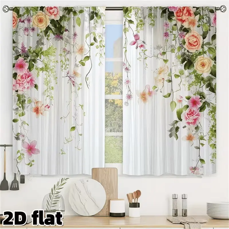 2 pieces of rose vine patterned decorative curtains, Home Decoration Curtain, semi-transparent for privacy protection, fade-resistant, machine washable and hand washable, pole bag for hanging, suitable for bedroom and living room decoration