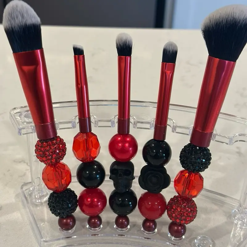 Skull Make Up Brushes Red and Black with Colorful Beads and Skull Design Handles