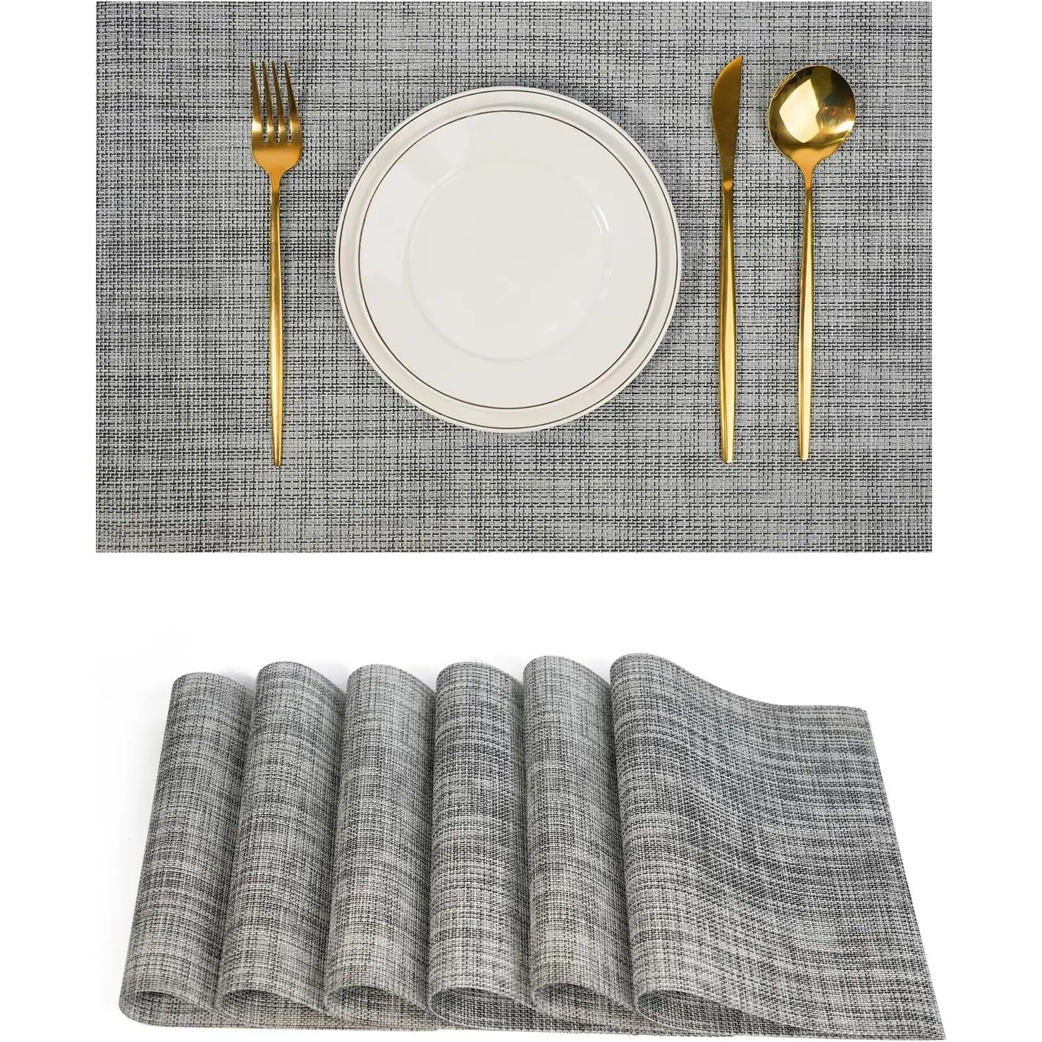 Gray Rectangular Plastic Placemats (6-Piece Set) - Non-Skid PVC Weave Placemats & Coasters, Wipeable, Washable, Heat-Resistant Kitchen Tableware for Dining Table Decoration, Birthday Party Indoor Use