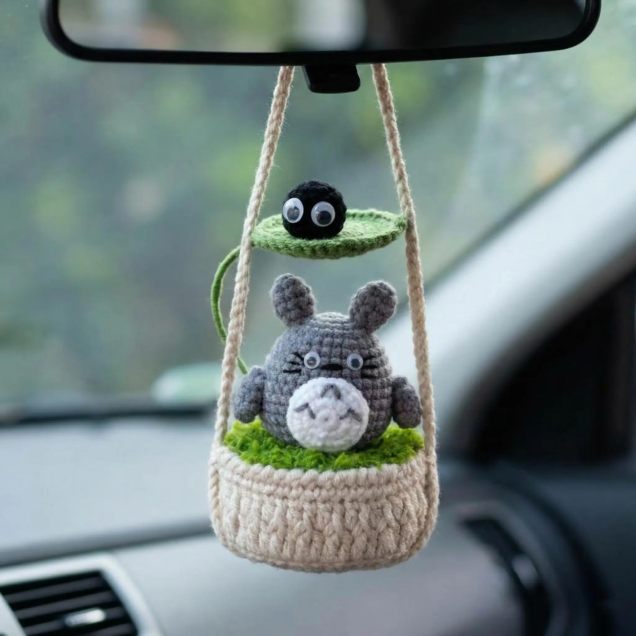 Crochet Totoro Car Mirror Hanging, Soot Sprite Car Decor, Amigurumi Anime Gift for Car, Rearview Mirror Hanger, Studio Ghibli Car Ornament