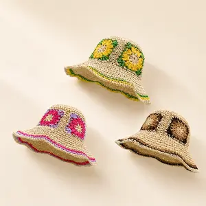 Ethnic Jacquard Straw Hat, Foldable Floral Fisherman Hat Hand-Woven Sun Hat for Outdoor