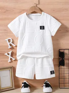 1 set Boys White Embossed Letter Outfit – 2-Piece Short Sleeve Top & Shorts Set Solid Color Suit Toddler cute clothes set Junior Youth Kits Children