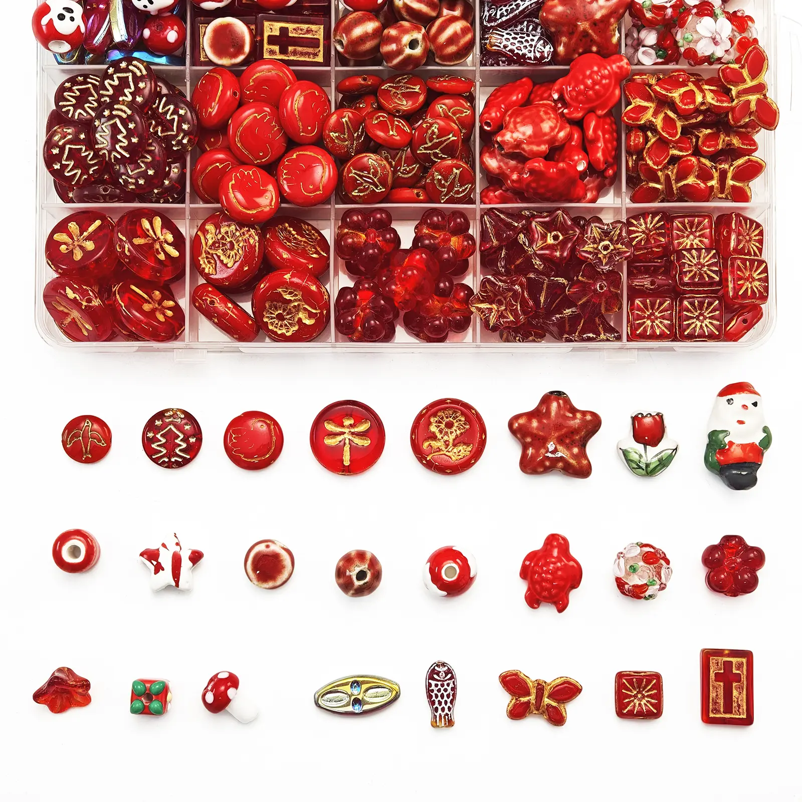 24Pcs Mixed Style Red Ceramic Glass Beads in Bag, Christmas Floral Animal Pattern Loose Spacer Beads for DIY Bracelet Necklace Holiday Craft Decoration Accessories