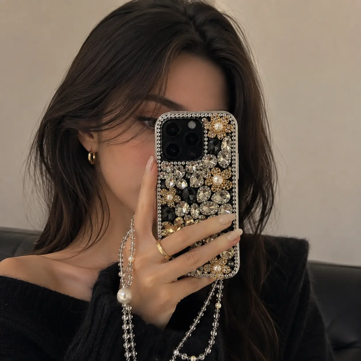 Luxury Bling Rhinestone Floral Phone Case with Acrylic Shell, Diamond Accents & Pearl Wrist Strap for iPhone 17,16 Pro Max,15,14,13 - Multi-Model 3D Sparkly Protective Cover, Women’s Glam Phone Accessory, Gift for Her