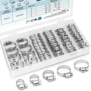 1 Box Hose Clamp Kit, 304 Stainless Steel Adjustable Worm Gear Clips For Automotive Pipes Condensers Fuel Hoses, Industrial, Hardware