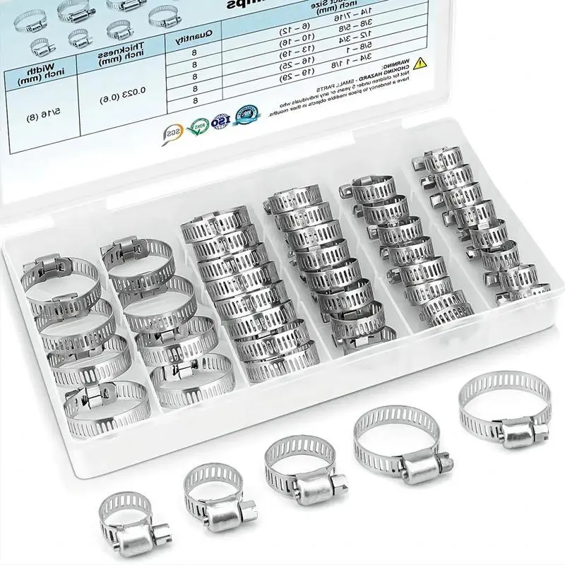 Multi-Size 40-Piece 304 Stainless Steel Adjustable Worm Gear Hose Clamp Set, Heavy-Duty Corrosion-Resistant Pipe Clips for Pipe Fixing, Automotive Fuel Lines Applications
