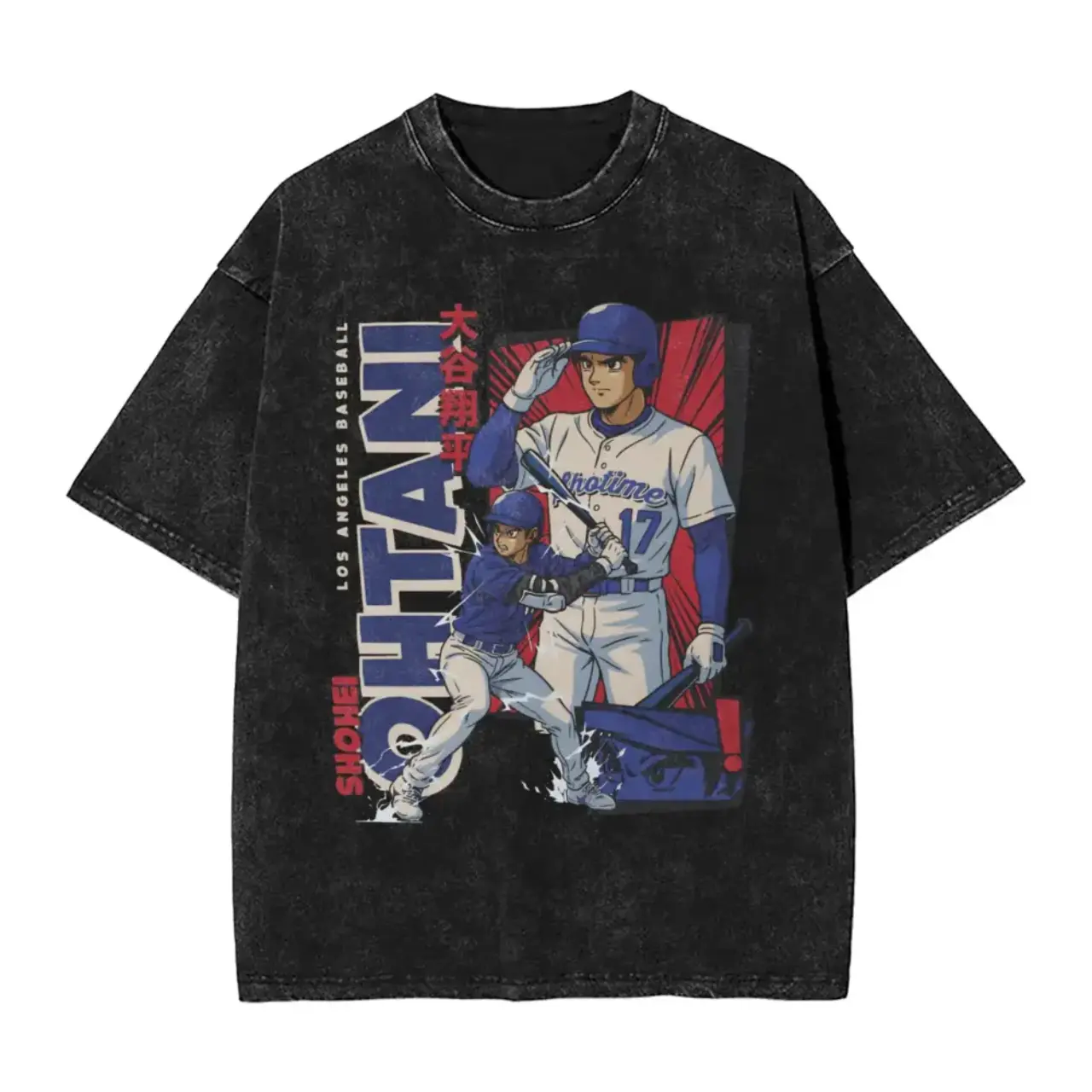 Vintage Acid Wash Shohei Ohtani Anime Graphic Oversized Baseball T-Shirt Streetwear Tee，Ohtani Dodgers Anime Style Men's T Shirts Washed  Funny Tee Shirt Short Sleeve O Neck T-Shirts 100% Cotton Plus Size Clothes