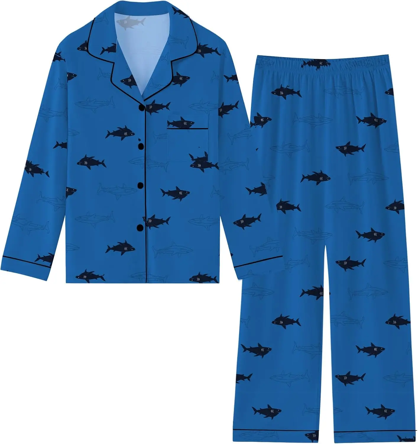 Boys' 100% Cotton Collared Pajama Set, 2-Piece Loose Soft Long-Sleeve Button-Up Top & Elastic Waistband Pants, Kids Dailywear Sleepwear for Ages 4-12