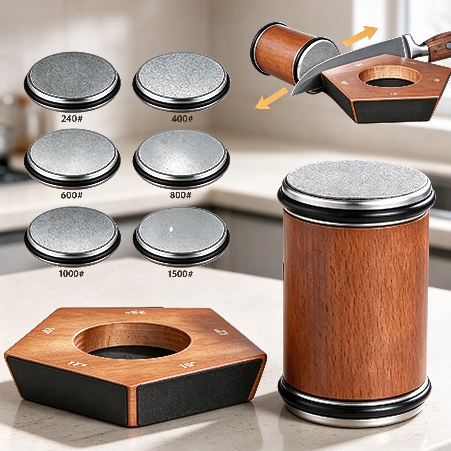 Diamond-Powered Multi-Functional Rolling Knife Sharpener Kit for Kitchen Knives, Kitchen Accessories, High-Carbon Steel Blades, Natural Wood Grips, Magnetic Base, 5-Sided Magnetic Suction, #400+#1000 Grit, 15°-20° Angle Options, No Battery, Sushi Prep