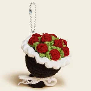 Mini Crochet Flowers Bag Charms Bouquet Keychain Soft Cotton Hand-Knitted for Purse Handbags Car Mothers Day Valentines Gifts Wife Plush Unique Lightweight Crochet Rose Bouquet Eye-Catching Exquisite Cute Bright Colors Easy to Carry Good Quality Material