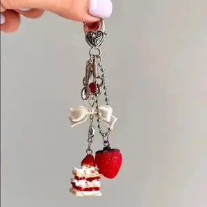 Cute Strawberry Cake Keychain For Women Creative Bow Heart Mobile Phone Lanyard Key Ring Bag Decoration Pendant Jewelry Gift