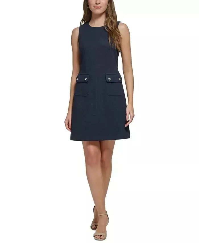 Tommy Hilfiger Women's Basketweave Roundneck Sheath Dress, Sky Captain, Size 10