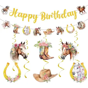 Horse Themed Birthday Party Decorations - 21PCS Cowgirl Happy Birthday Party Decorations Banner Hanging Swirls Western Cowgirl Hat Boots Horseshoe Horse Party Streamers Decor Supplies