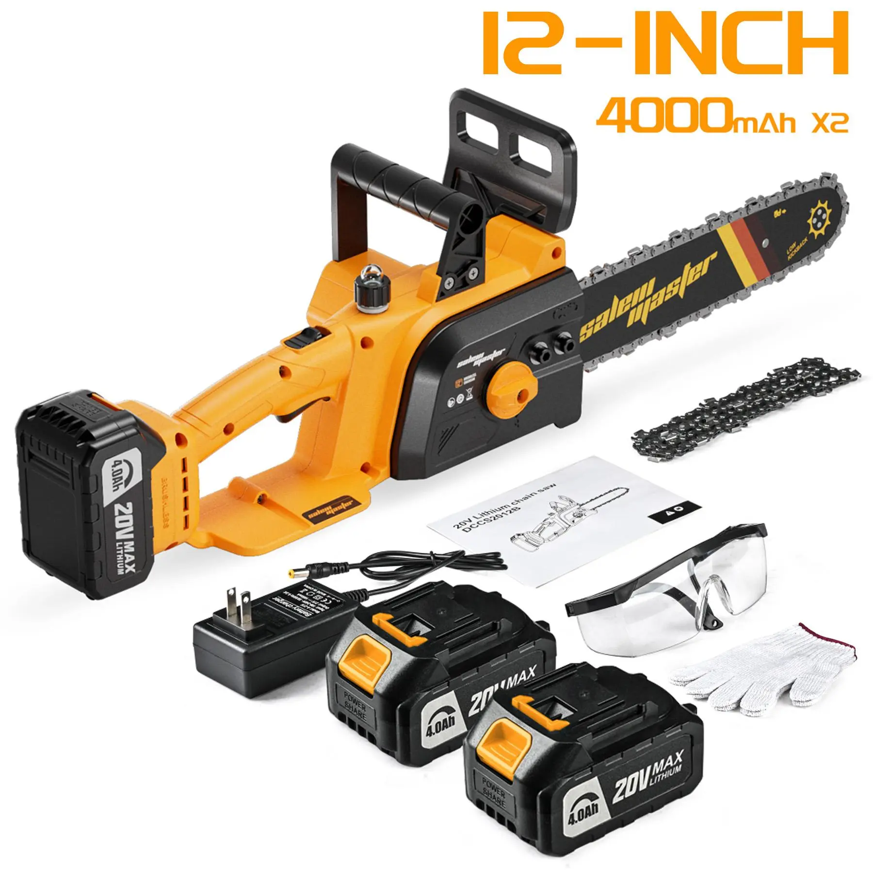 12-Inch Cordless Chainsaw with 2 x 20V 4000mAh Batteries, Charger, Chains, Gloves & Goggles, Pure Copper Motor & Auto Lubrication for Tree Pruning & Wood Cutting