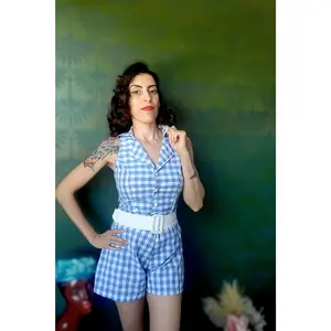 Vintage Style Gingham Playsuit - Blue/White