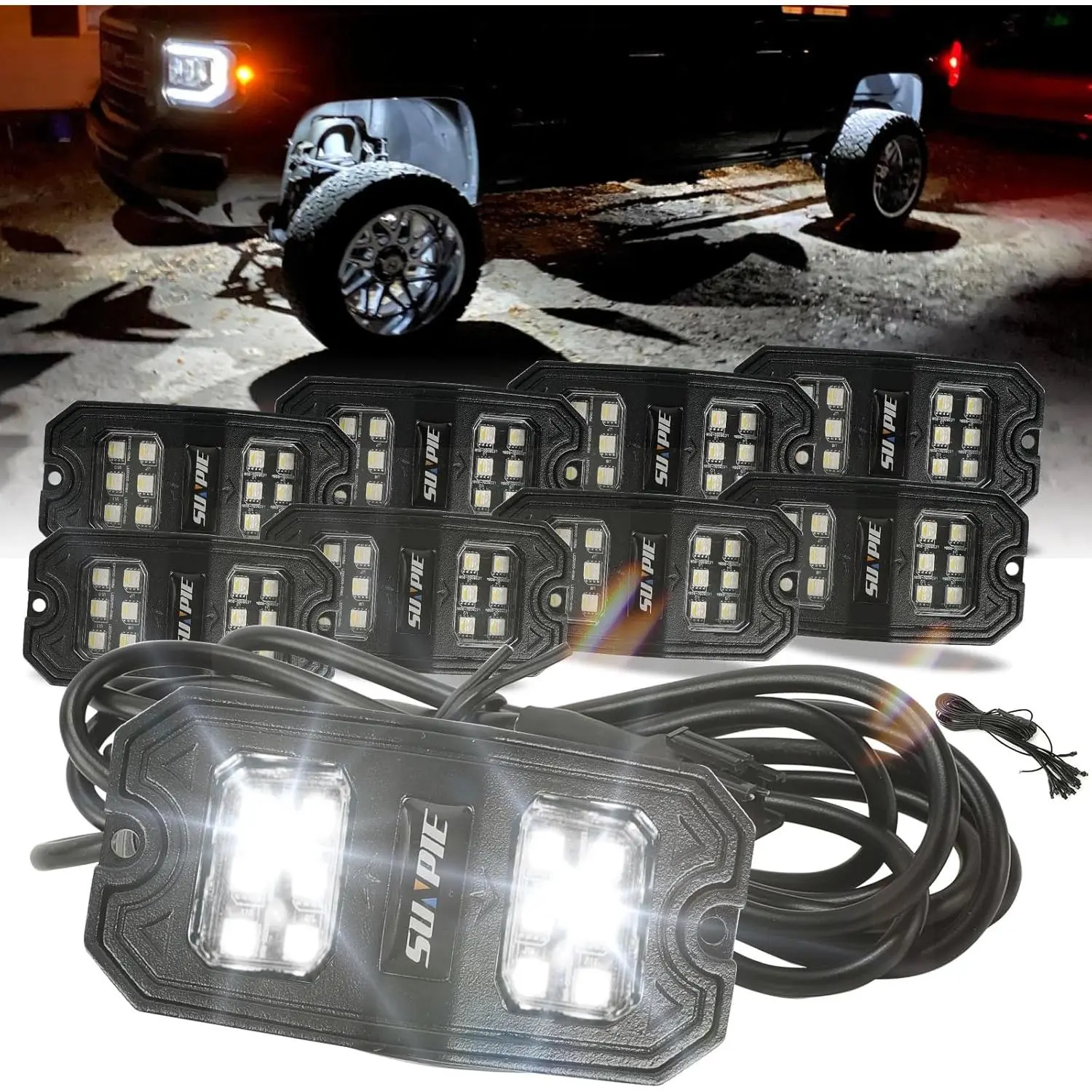 SUNPIE 18 High Power Chips Rock Lights,6000K Pure White,Plug and Play,IP67 Waterproof,4M Extension Wires,Mounting Pads,Fits Trucks Trailer SUV ATV UTV Offroad Lighting Summer Survivals