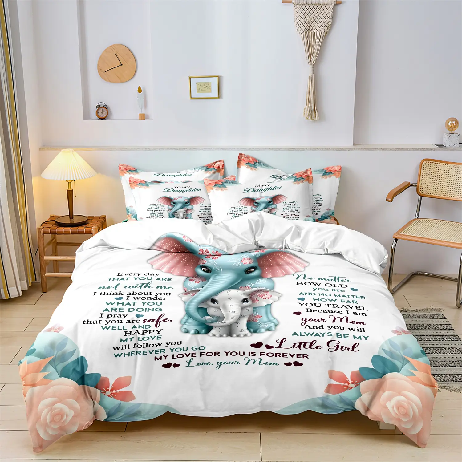 Elephant Pattern Decorative Duvet Cover Set, Polyester Fiber Bedding Gift for Daughter (1 Duvet + 2 Pillowcases), Soft & Breathable Design, Washable Covers