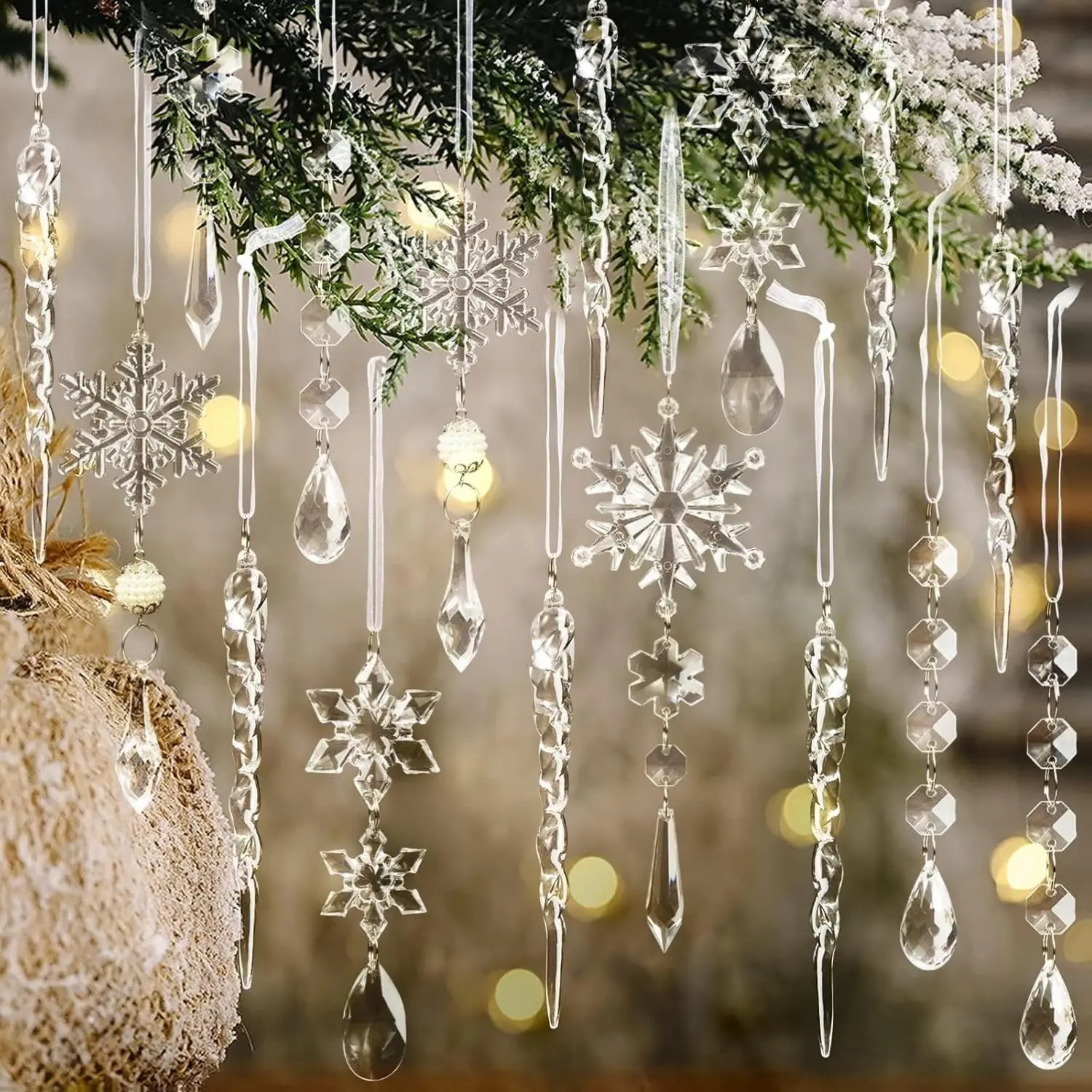 [New Deal]- 18pcs Christmas Tree Decoration Crystal Ornaments - Hanging Acrylic Christmas Snowflake Icicle Drop Crystal Ornaments for Xmas Tree Winter New Year Party Supplies