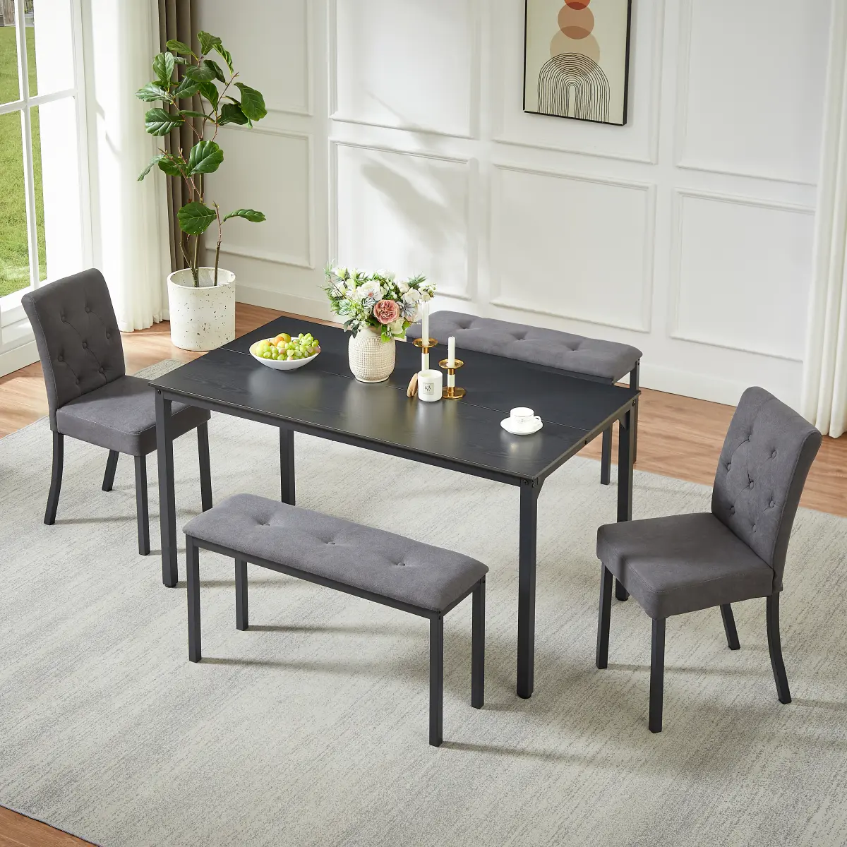 [Bellemave] 5-Piece Dining Table Set| 2 Long Bench & 2 Padded Chairs| Farmhouse Style Suitable for Dining Rooms and Kitchens