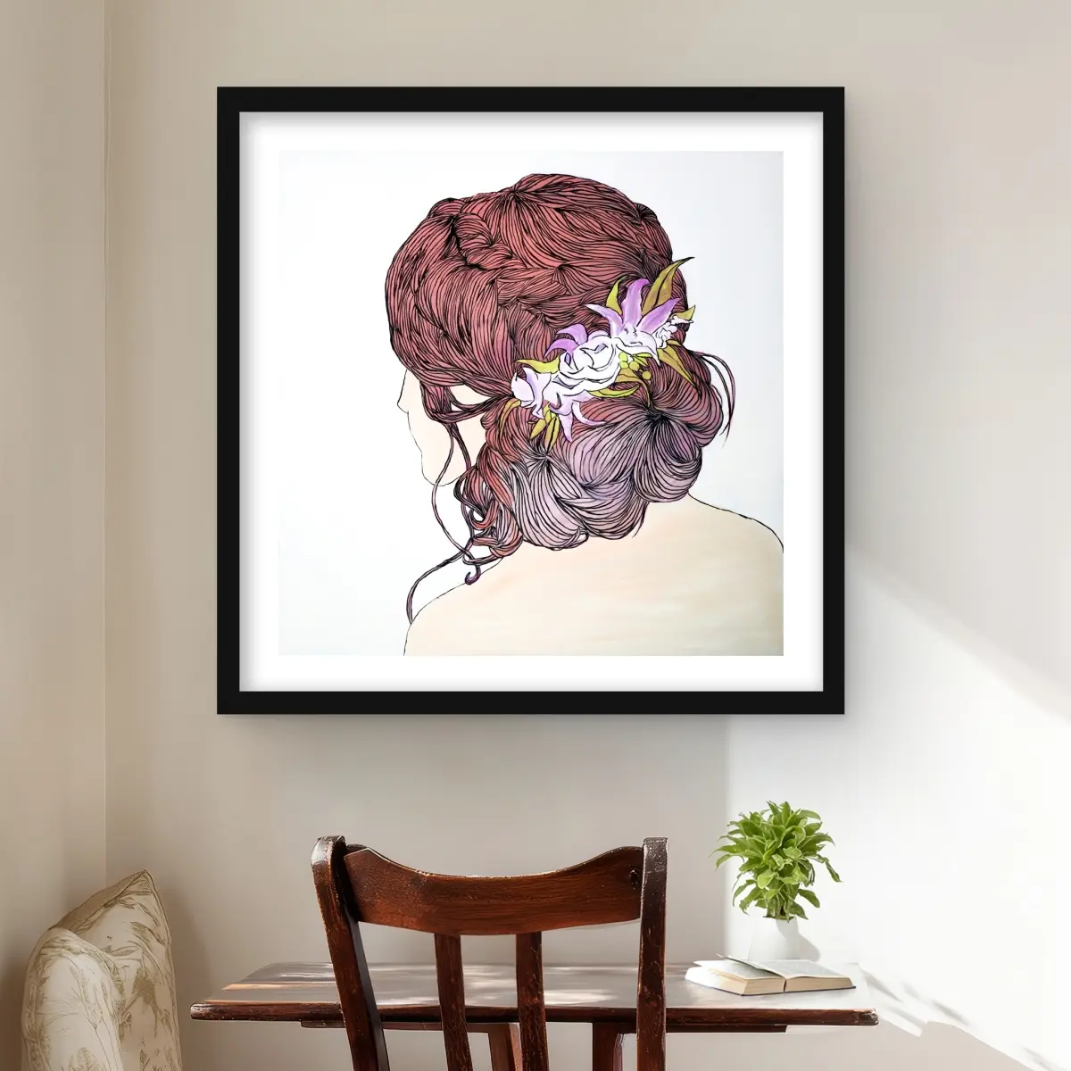 Begin Home Decor C1FM2424BV1OAO 24 x 24 in. Woman From Behind with Flowers Wall Art - Framed Botanical Print