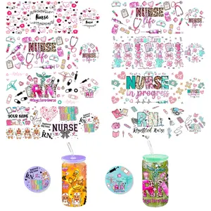 3 Sheets （nurse） UV DTF Cup Wraps - Bundle 3 Sets （nurse ）Decals for 16oz Glass Cups | Includes Lid Stickers (Top/Bottom), 12.32x4.33 Inch DIY Transfer Stickers, Holiday Gift Decor for Coffee Mugs & Tumblers