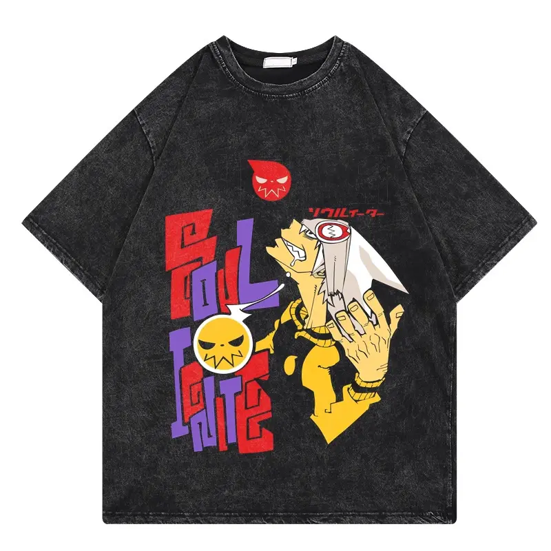 Men's Japanese Animation Soul Eater Vintage Round Neck Cotton Graphic Tees - Distressed Washed, Oversized Streetwear, Casual Short-Sleeve Athletic Top, Vintage Graphic Tees